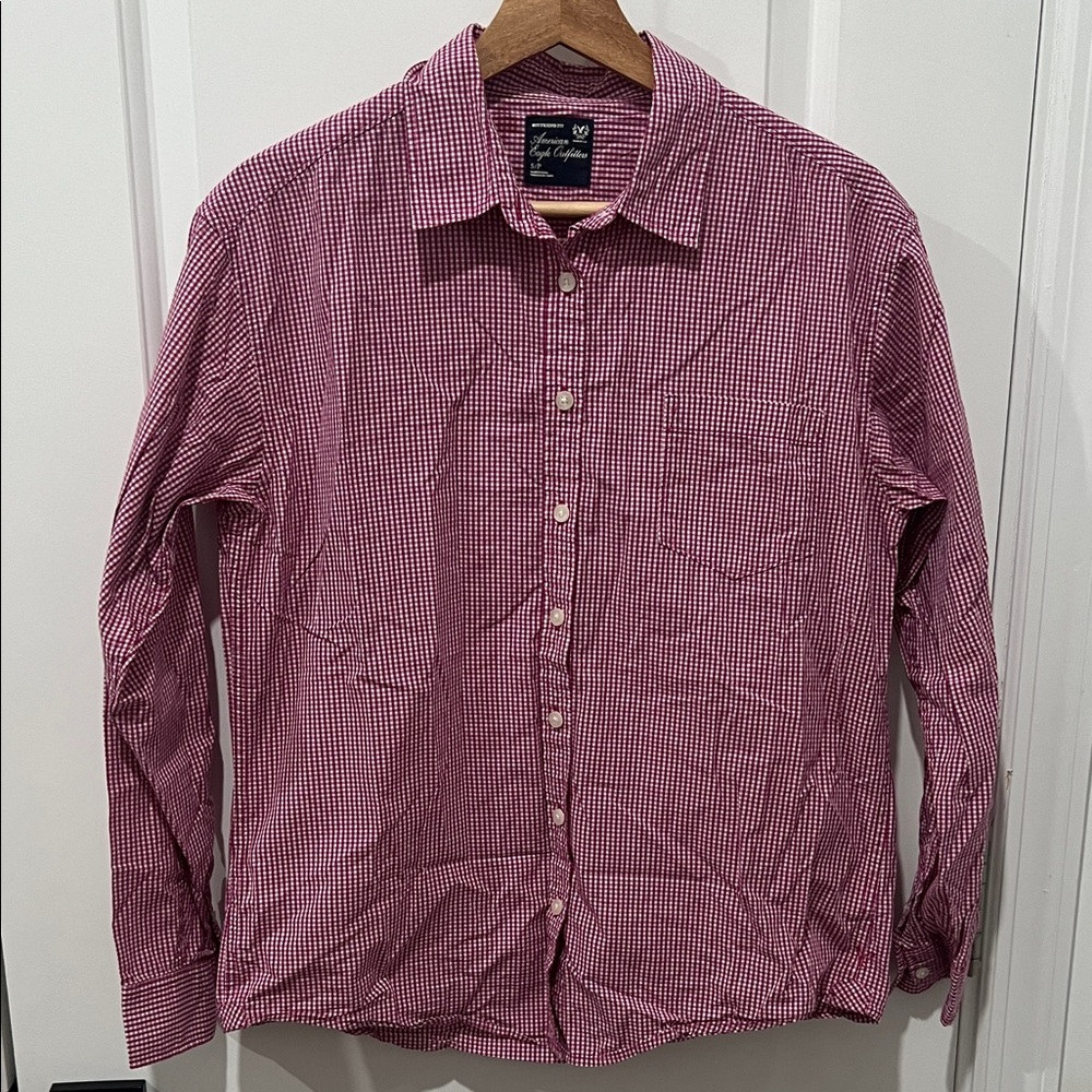American Eagle Outfitters Magenta Gingham Button Down Shirt Size S Boyfriend Fit